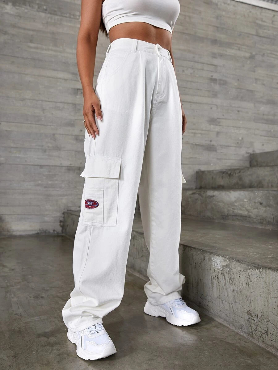 Denim High Waist Flap Pocket Wide Leg Jeans