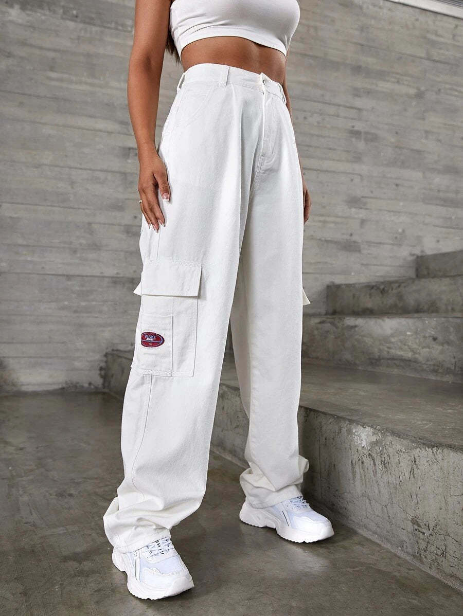 Denim High Waist Flap Pocket Wide Leg Jeans