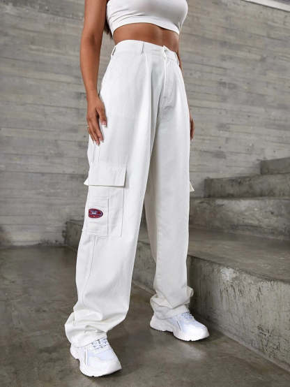 Denim High Waist Flap Pocket Wide Leg Jeans