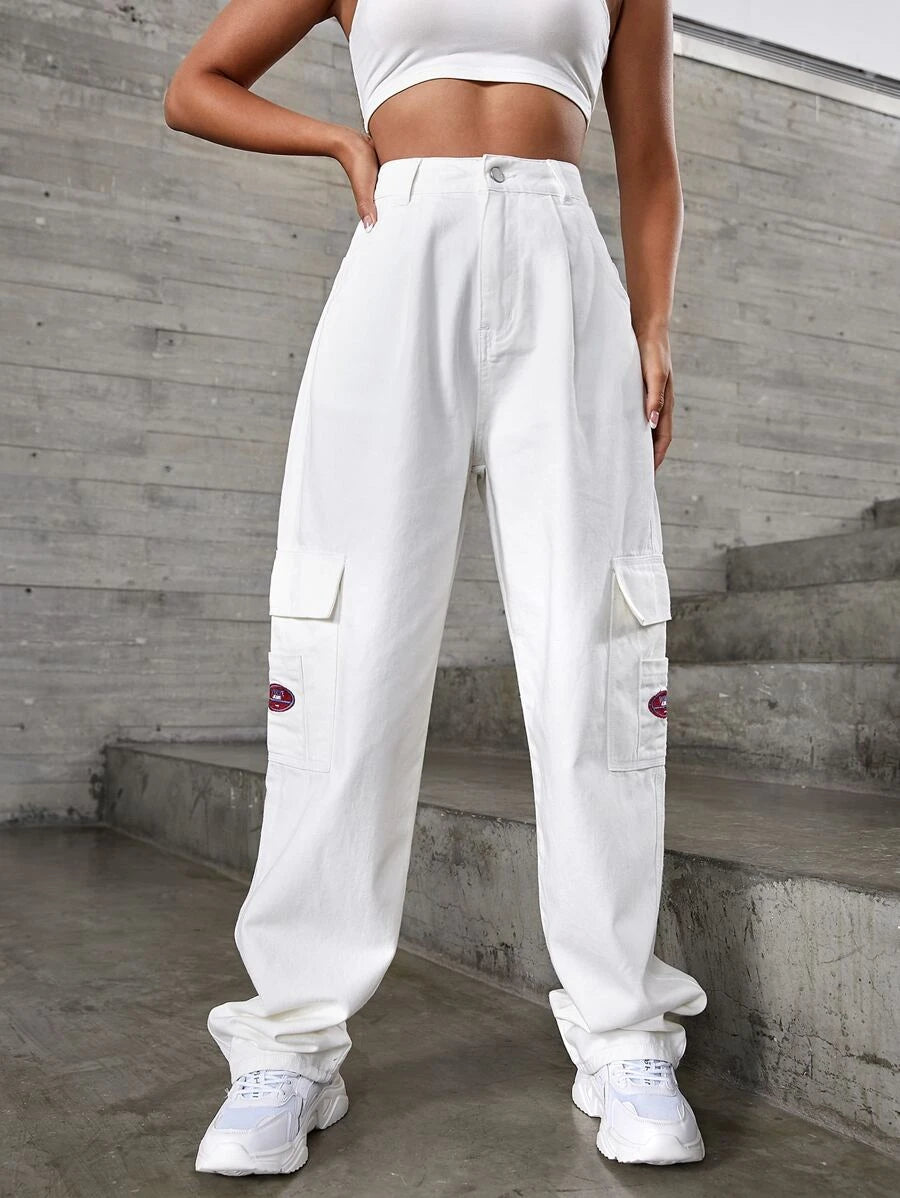 Denim High Waist Flap Pocket Wide Leg Jeans