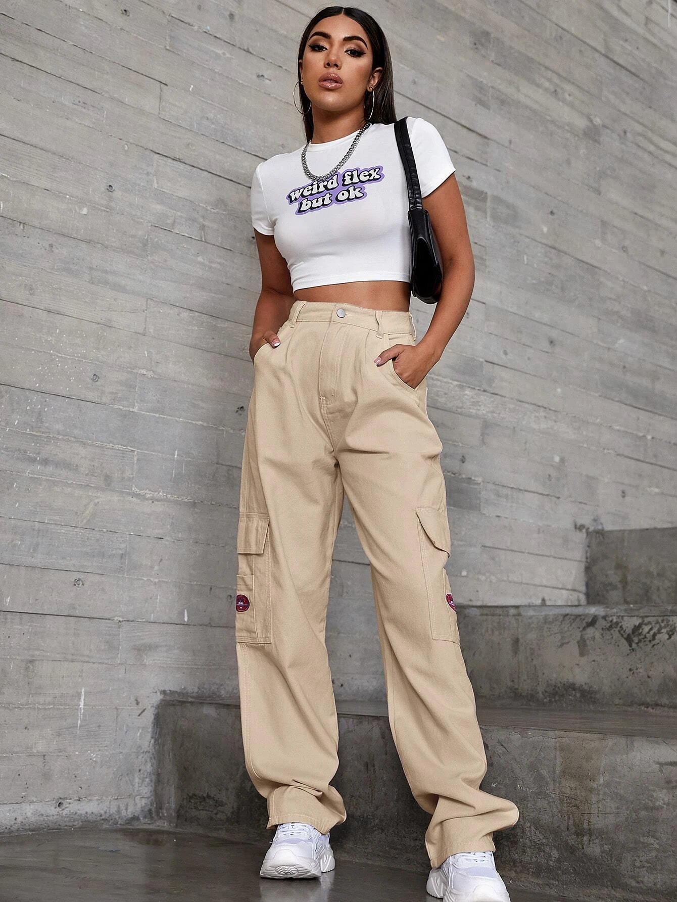 Patched Detail Flap Pocket Wide Leg Jeans – full length outfit view