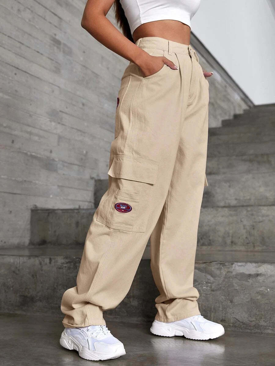 Denim High Waist Flap Pocket Wide Leg Jeans