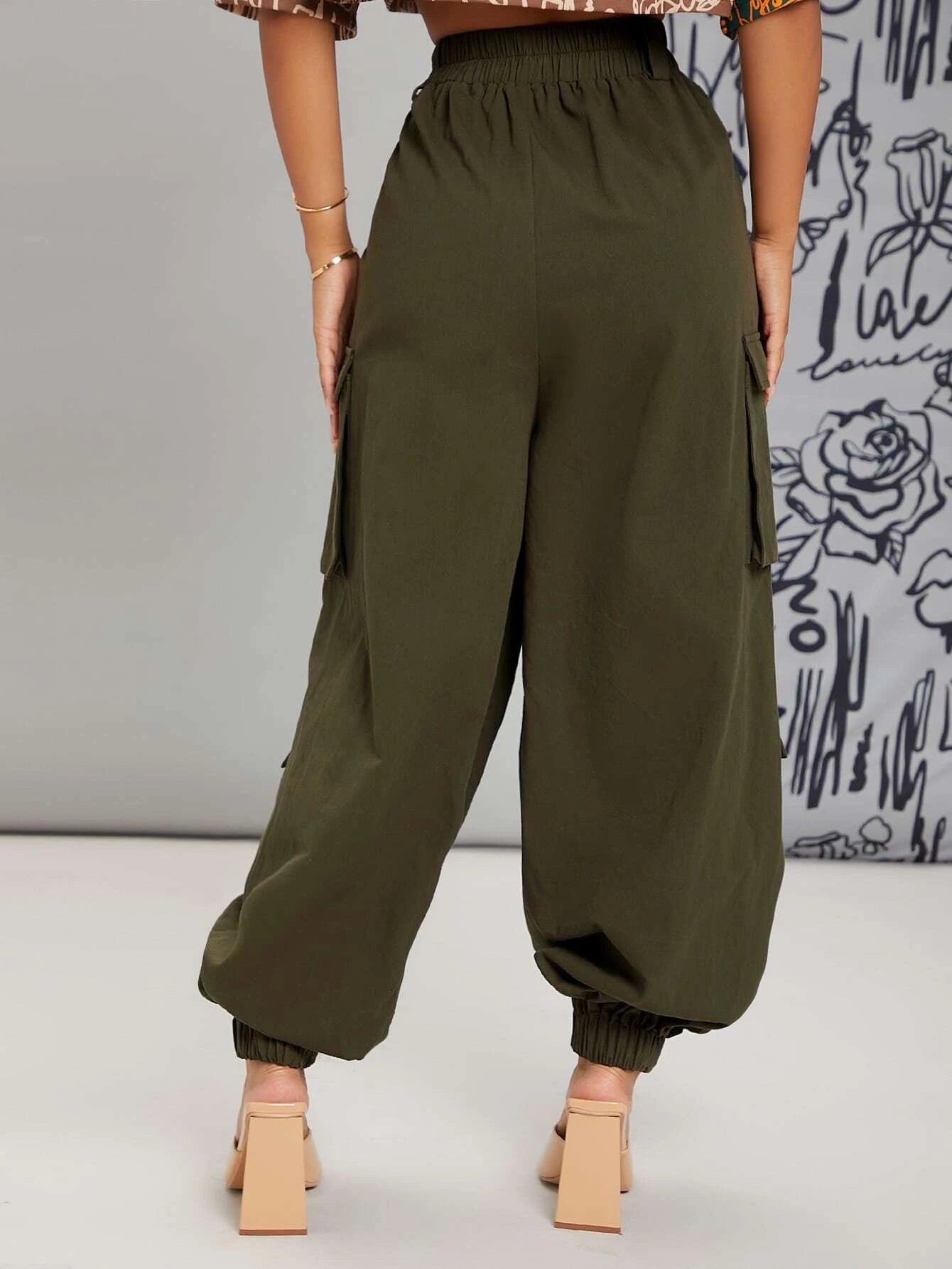 Solid Color Utility Pocket Cargo Pants – side profile view
