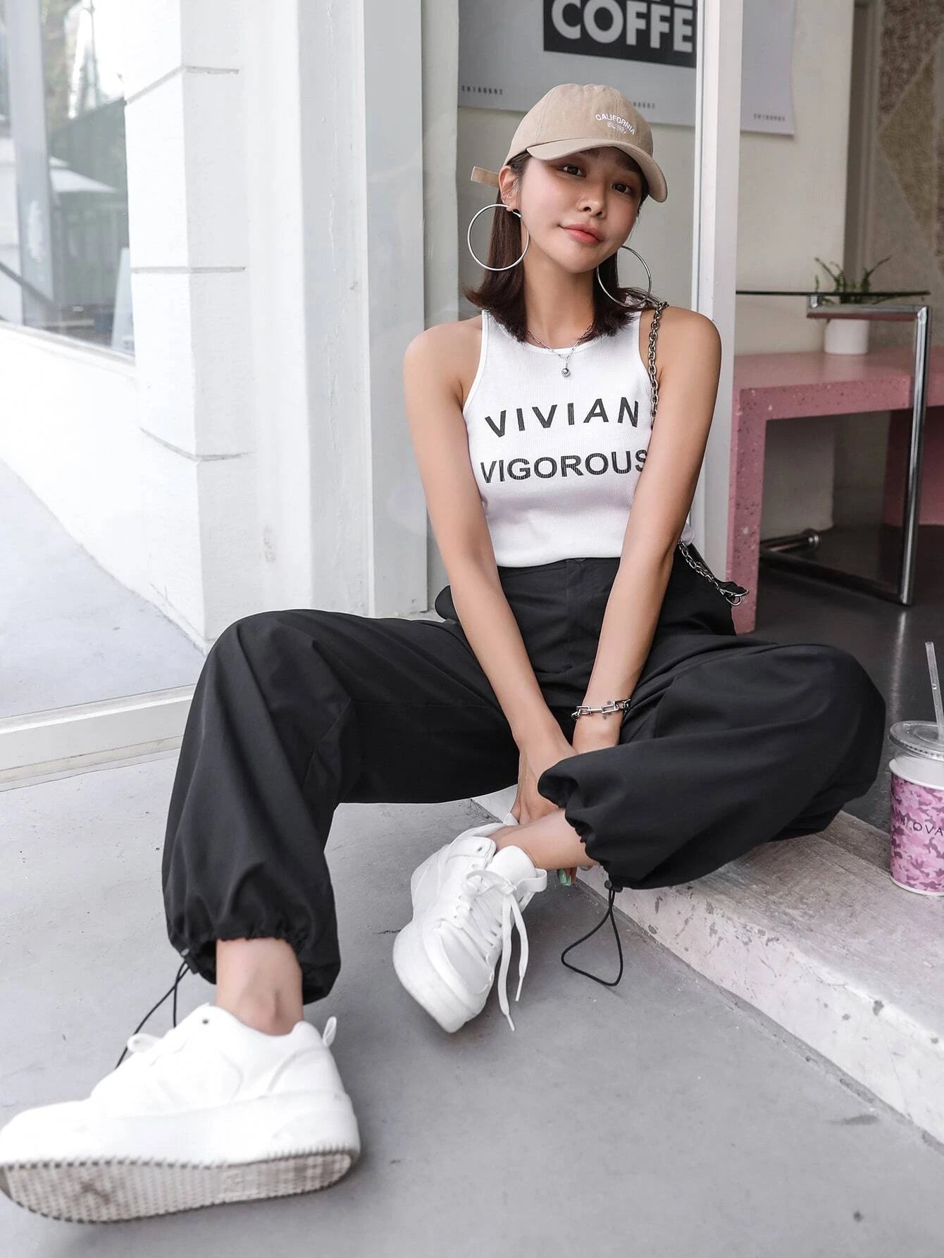 High Waist Non Stretch Cargo Pants – side profile view