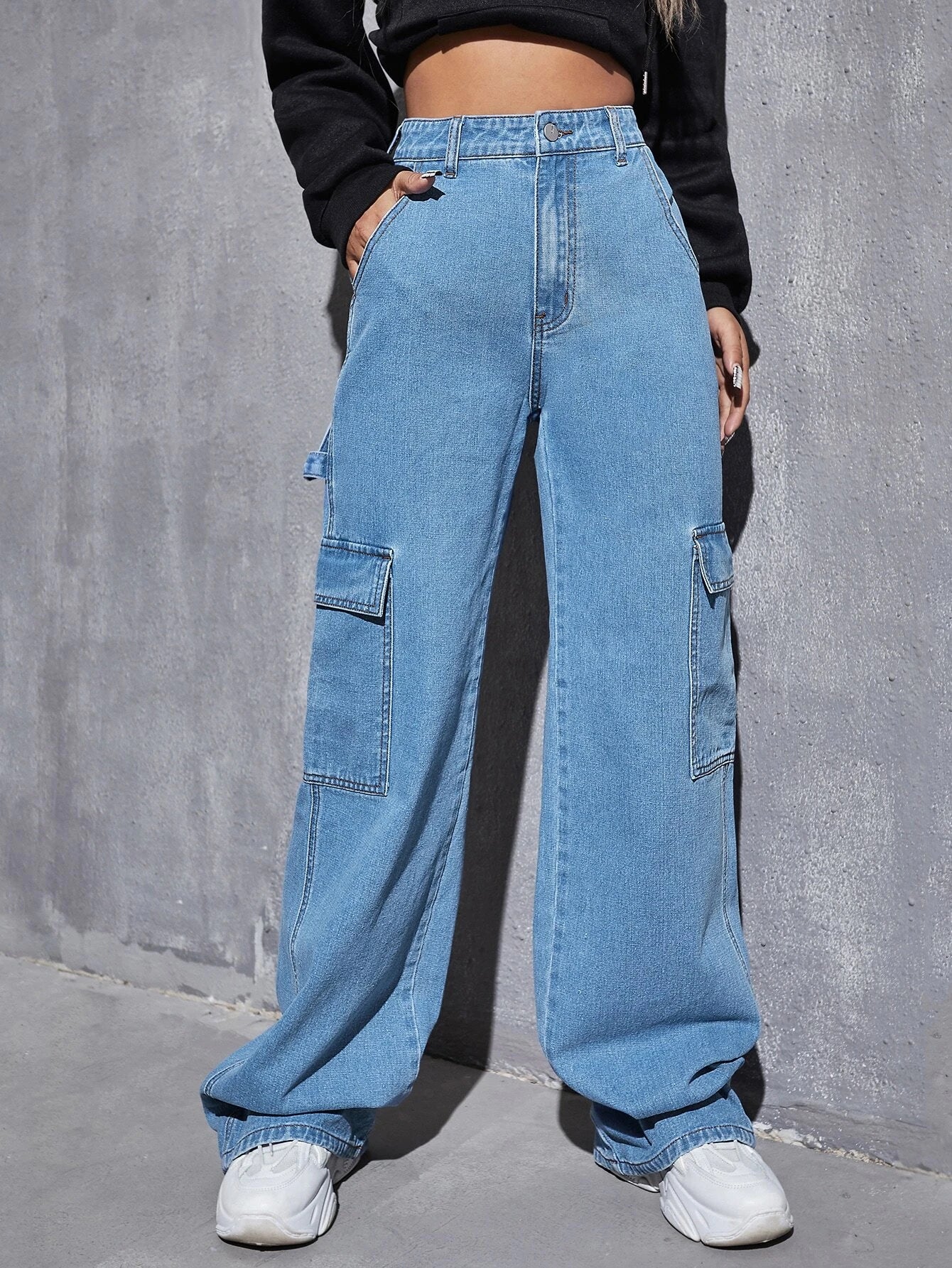 Classic Fit Zippered Denim Cargo Pants – fabric detail close-up