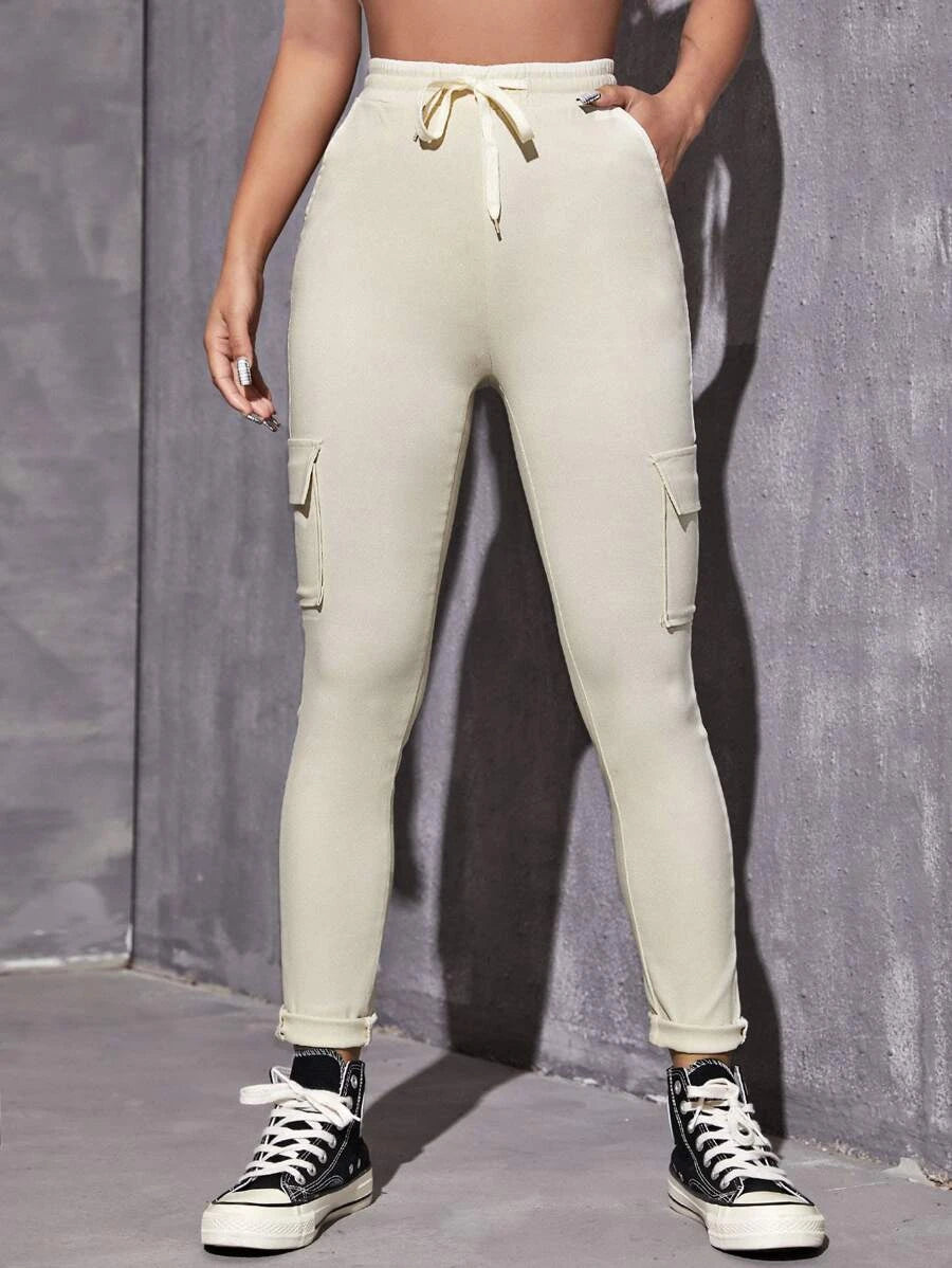 Drawstring Waist Flap Pocket Side Skinny Jeans – lifestyle view 16