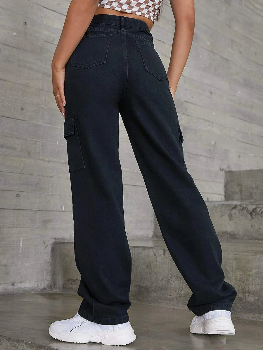 High Waist Chain Detail Cargo Jeans – side profile view
