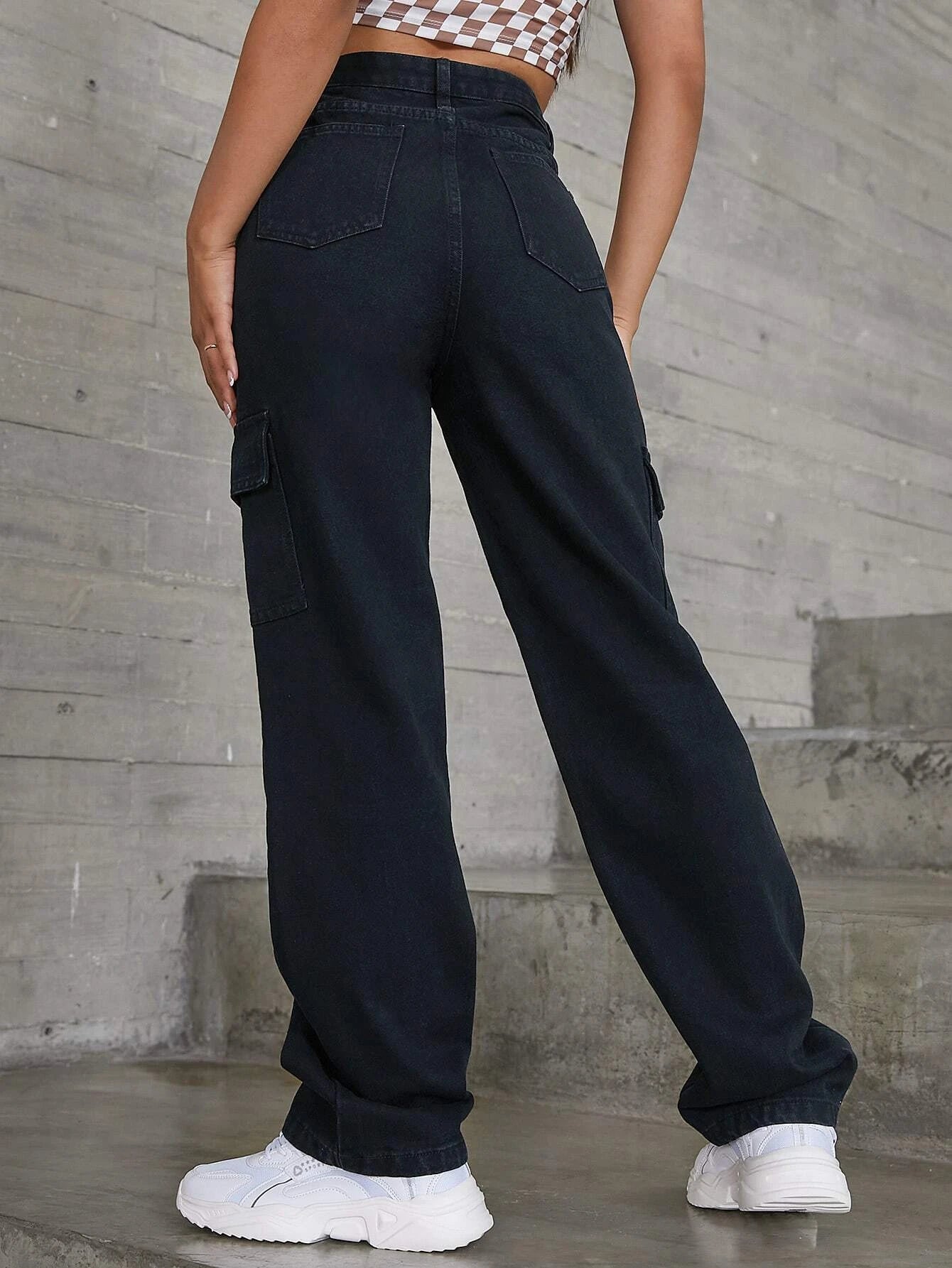 High-Waisted Denim Cargo Pant – full length outfit view