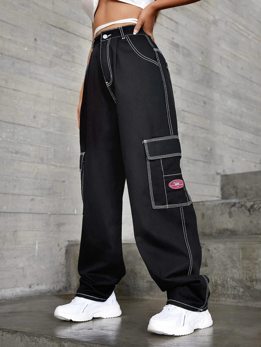 Denim High Waist Flap Pocket Wide Leg Jeans