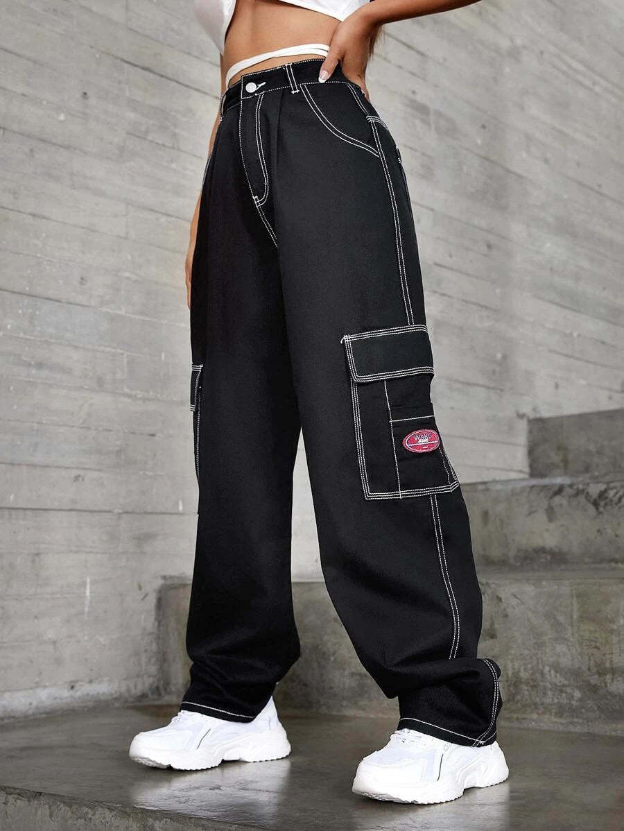 Denim High Waist Flap Pocket Wide Leg Jeans