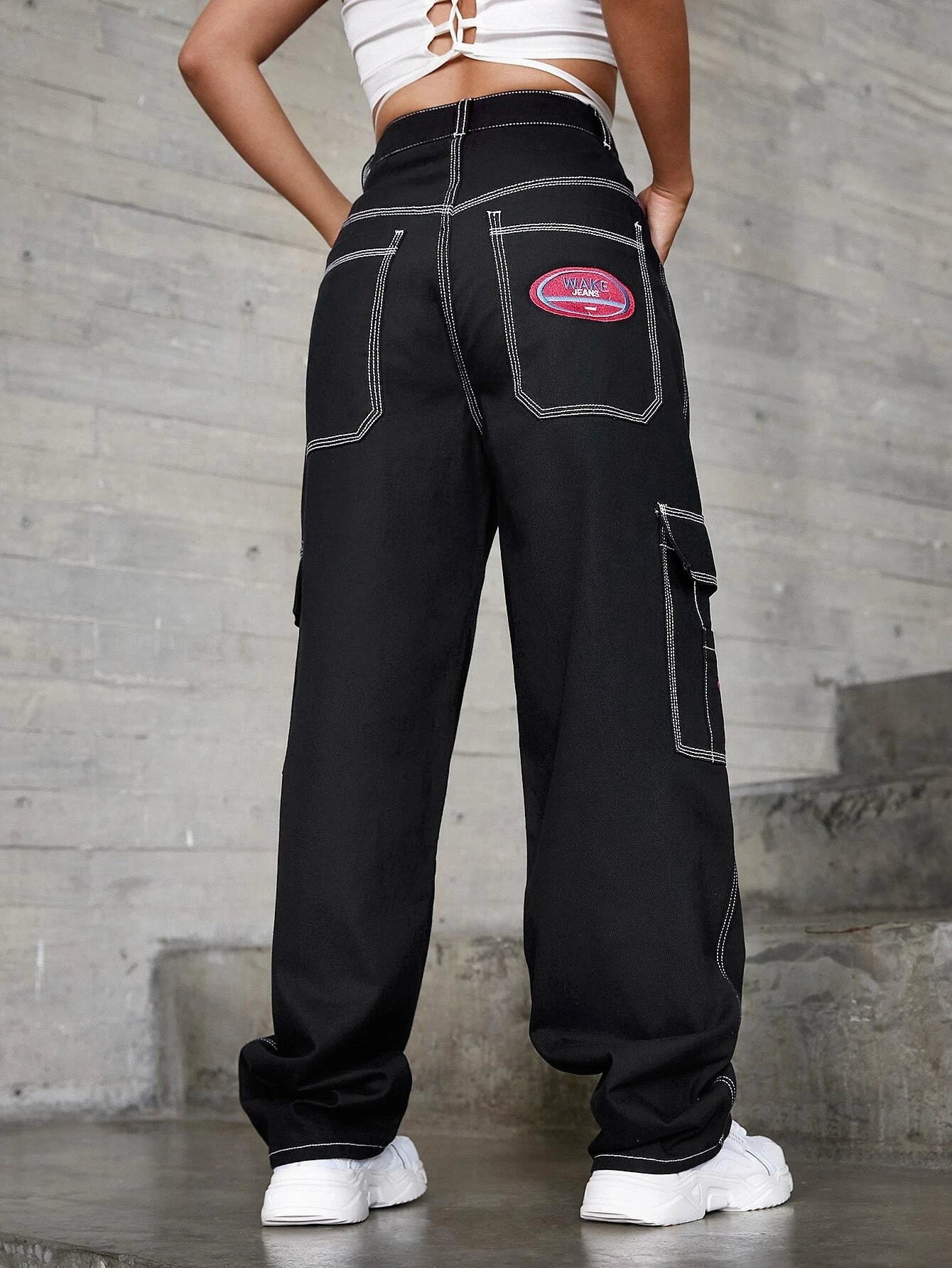 Flap Pocket Wide Length Jeans in Green – model wearing view