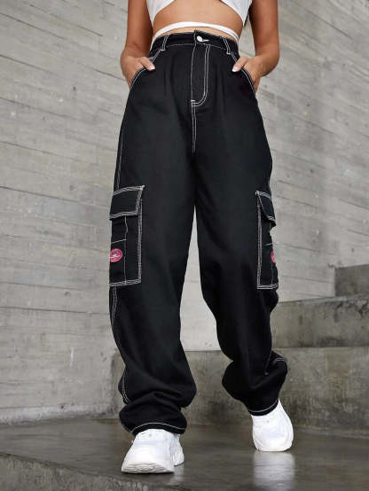 Denim High Waist Flap Pocket Wide Leg Jeans