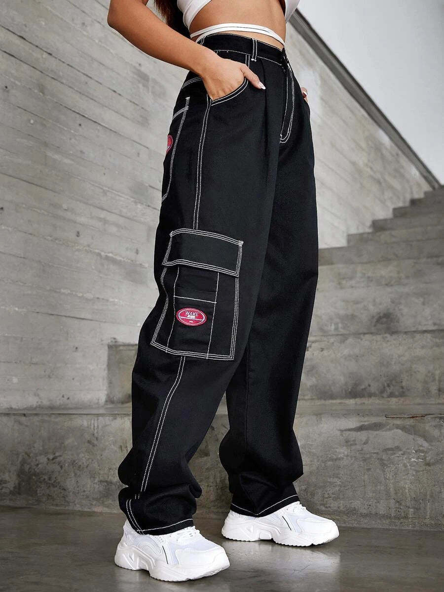 Denim High Waist Flap Pocket Wide Leg Jeans