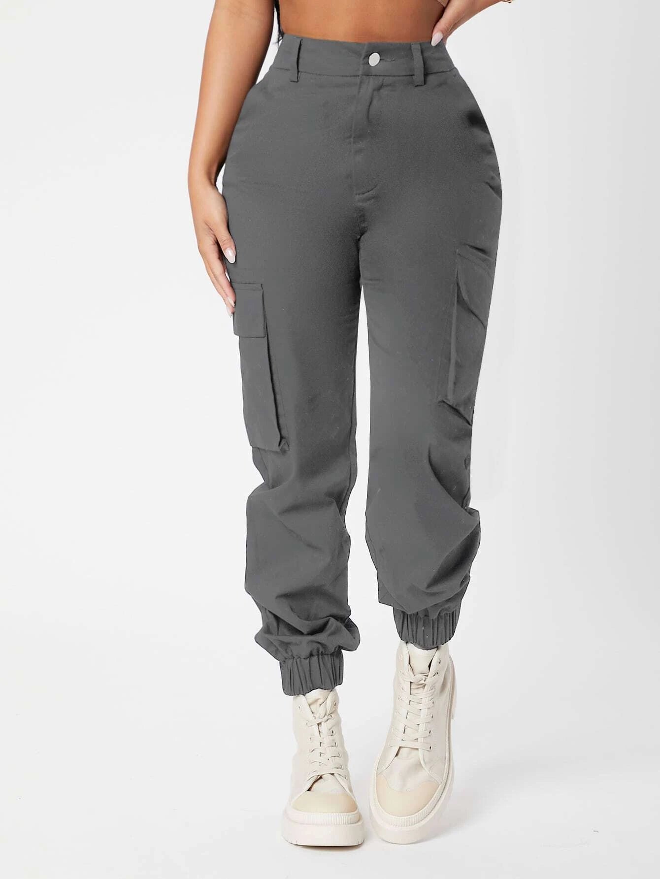 Casual High Waist Flap Pocket Pants – pocket detail close-up