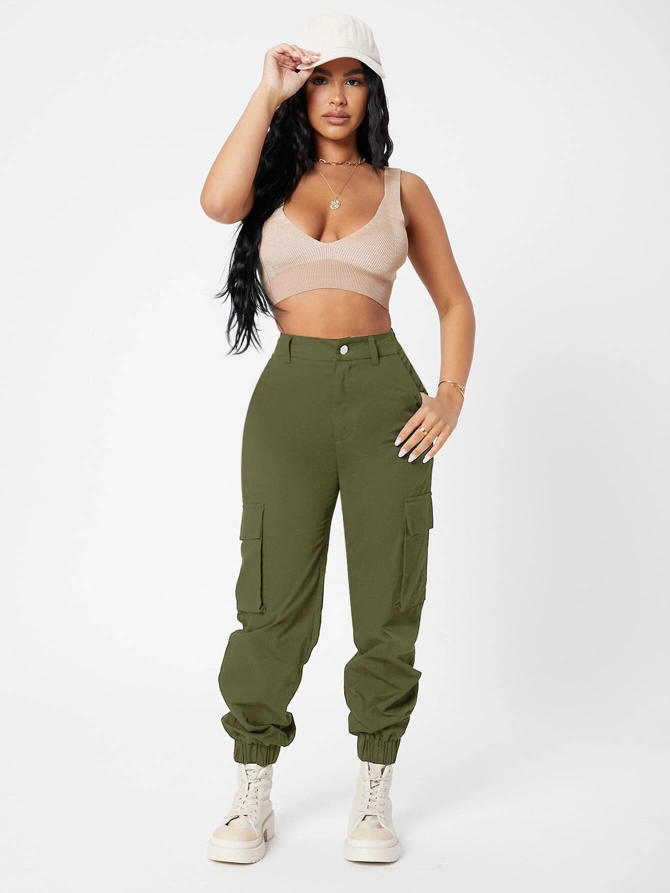 Casual High Waist Flap Pocket Pants – styled outfit view