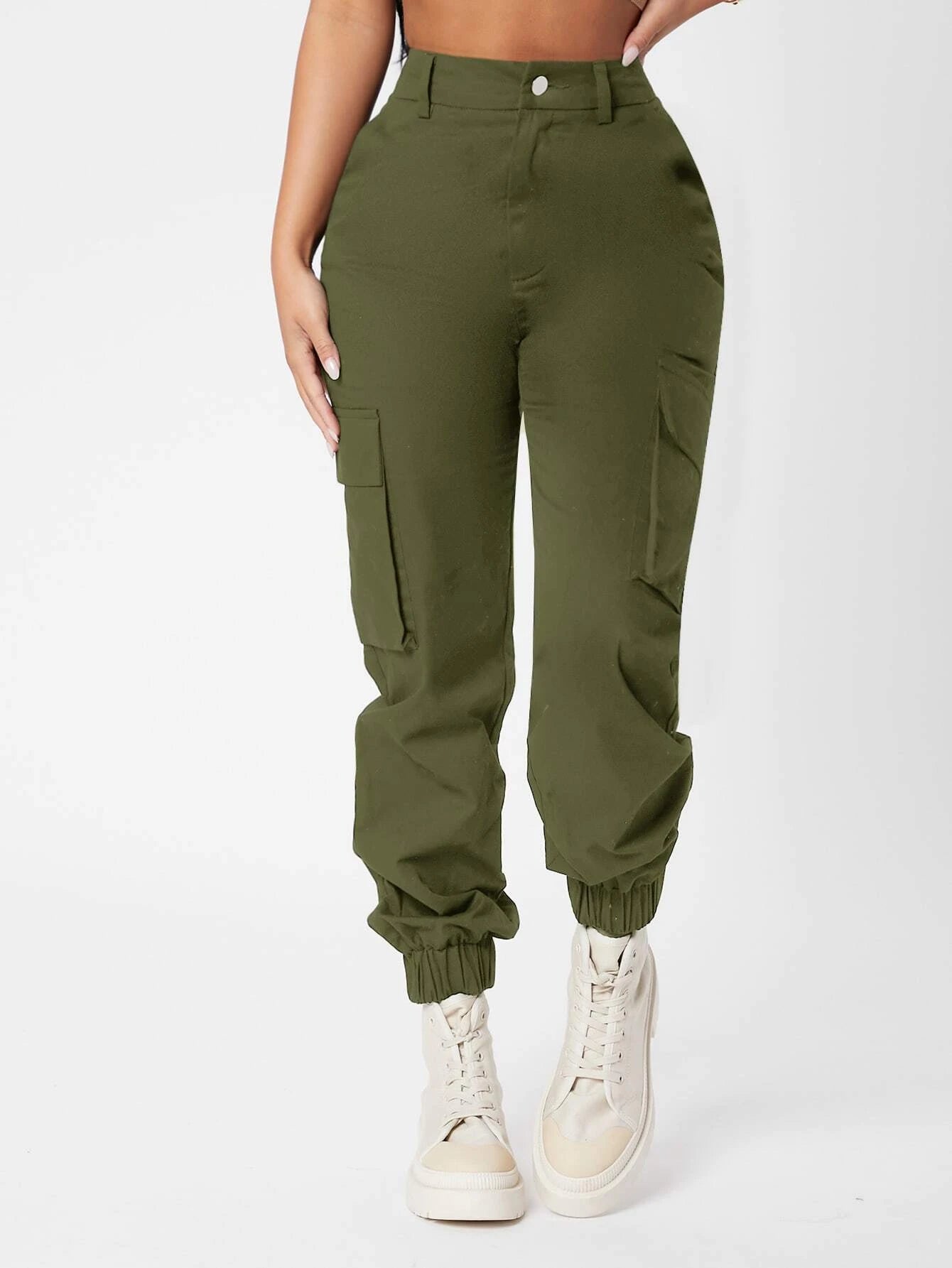 Casual High Waist Flap Pocket Pants – model wearing view