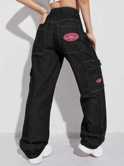 Denim High Waist Flap Pocket Wide Leg Jeans