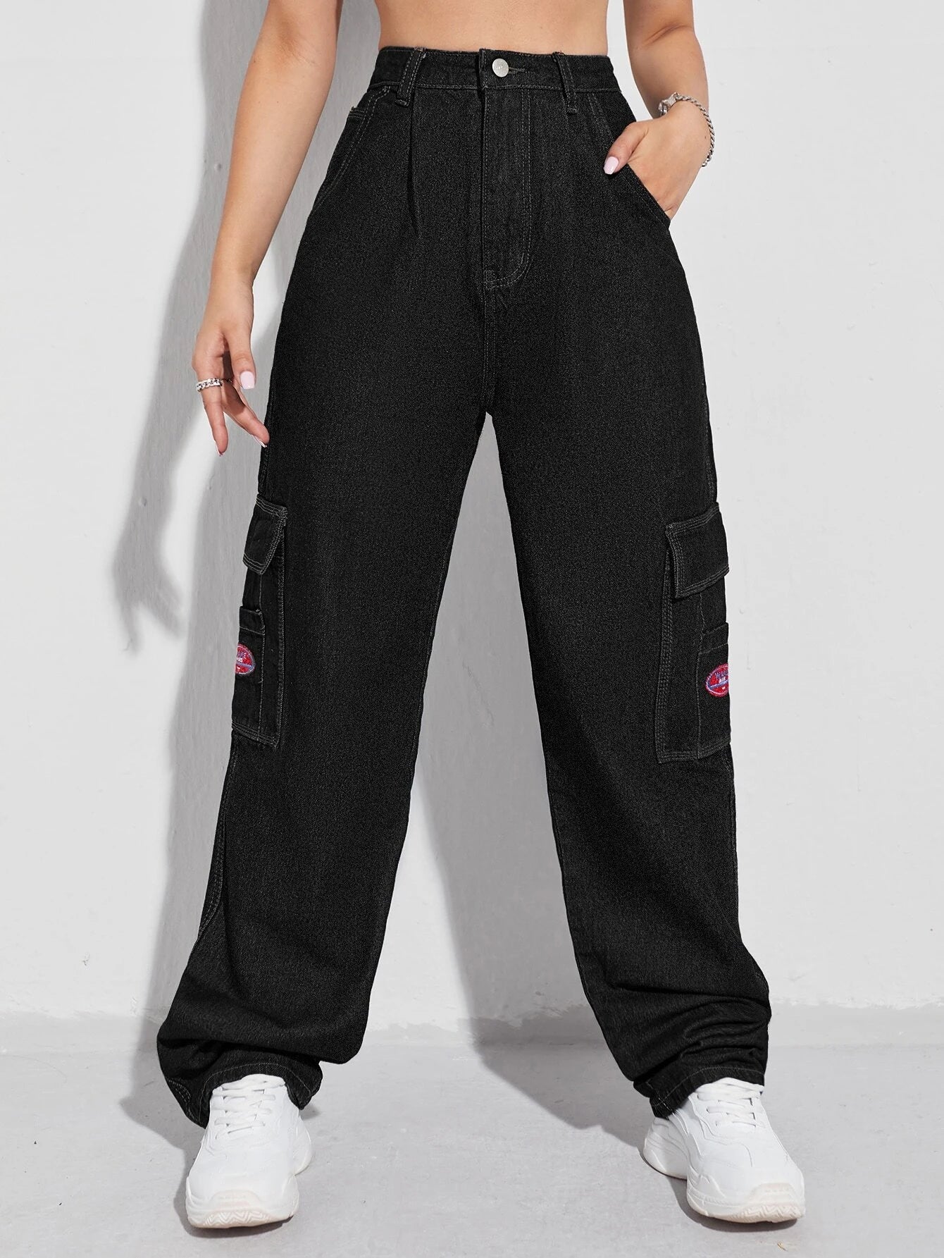 Patched Detail Flap Pocket Wide Leg Jeans – lifestyle view 14