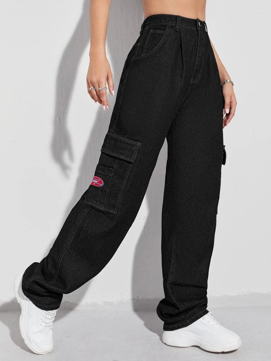 Denim High Waist Flap Pocket Wide Leg Jeans – lifestyle view 19