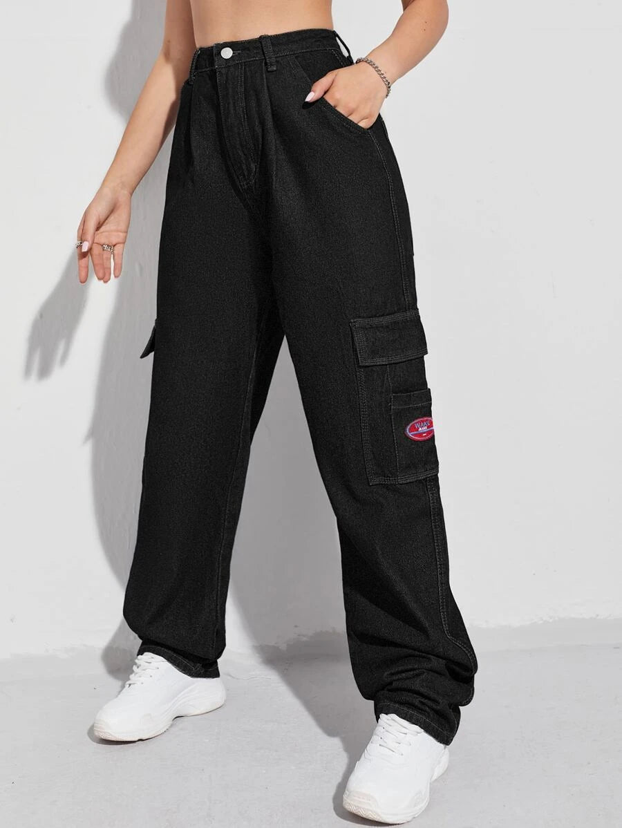 Denim High Waist Flap Pocket Wide Leg Jeans