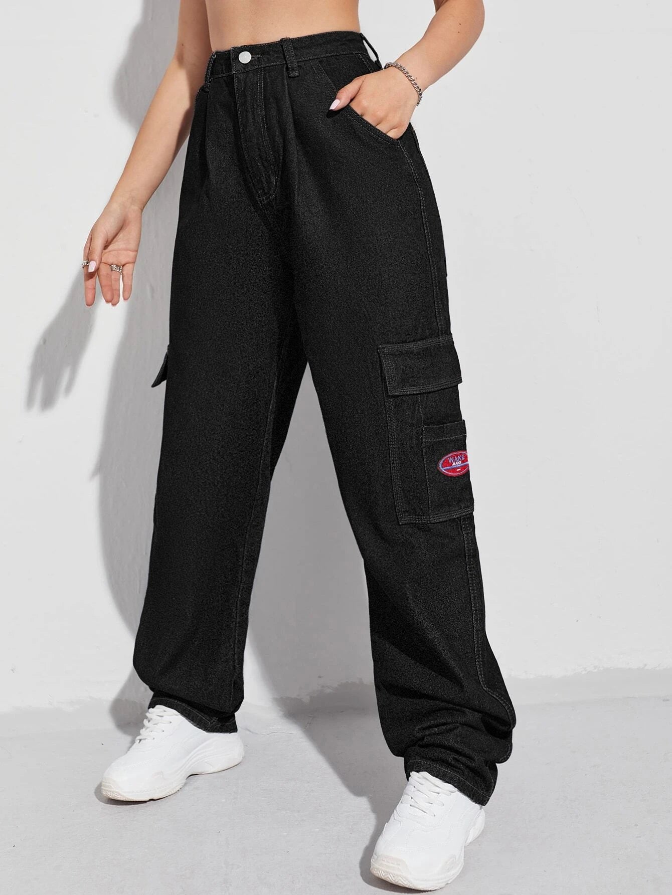 Patched Detail Flap Pocket Wide Leg Jeans – lifestyle view 16
