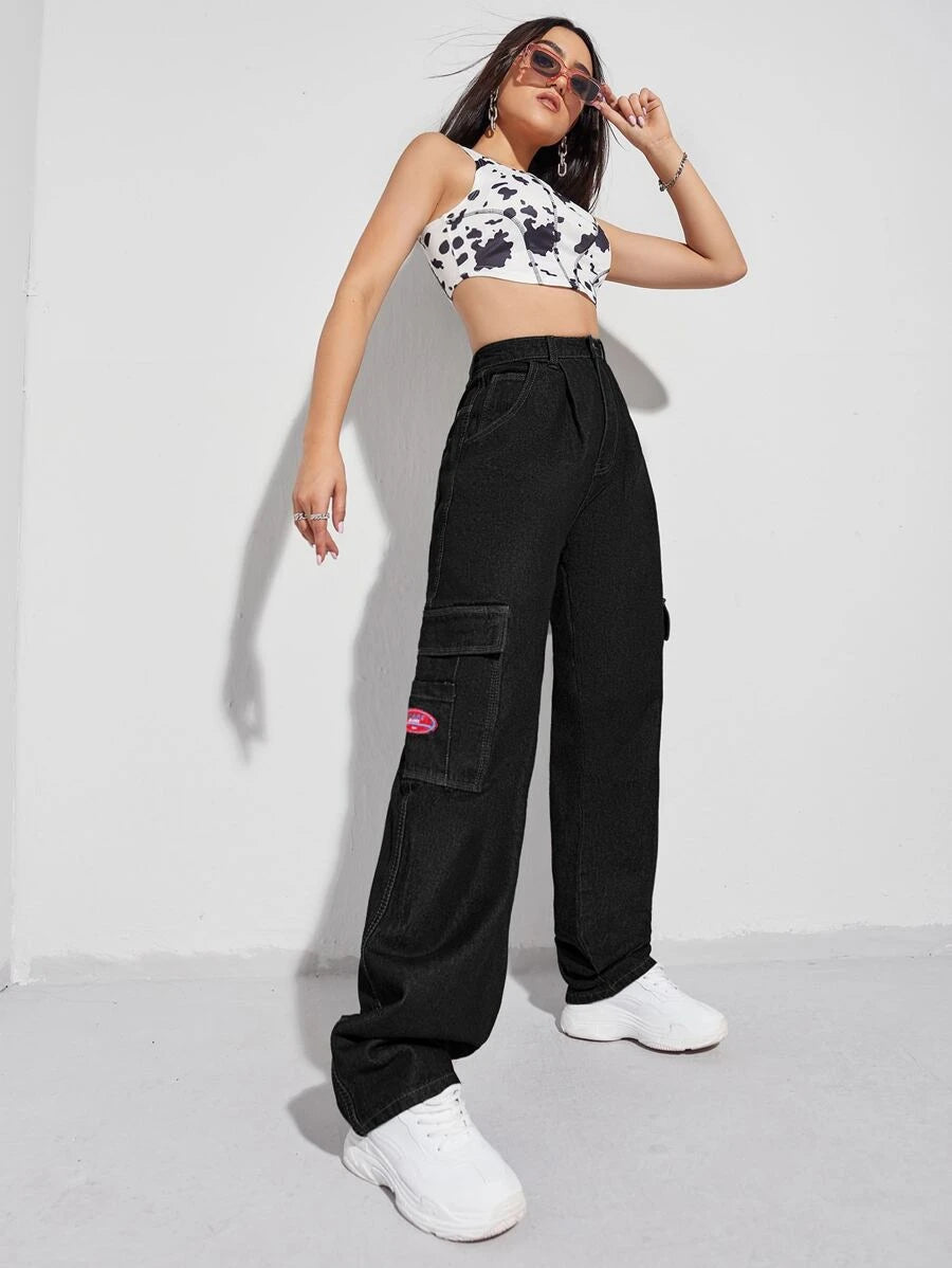 Denim High Waist Flap Pocket Wide Leg Jeans – lifestyle view 17