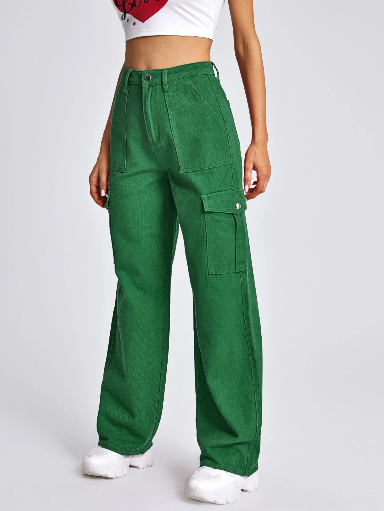 Flap Pocket Wide Bottom Jeans – model wearing view