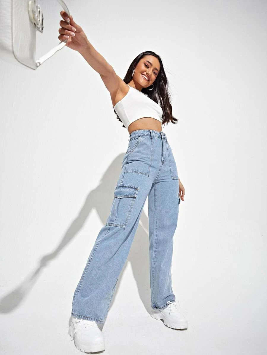 Denim High Waisted Flap Side Pocket Cargo Jeans