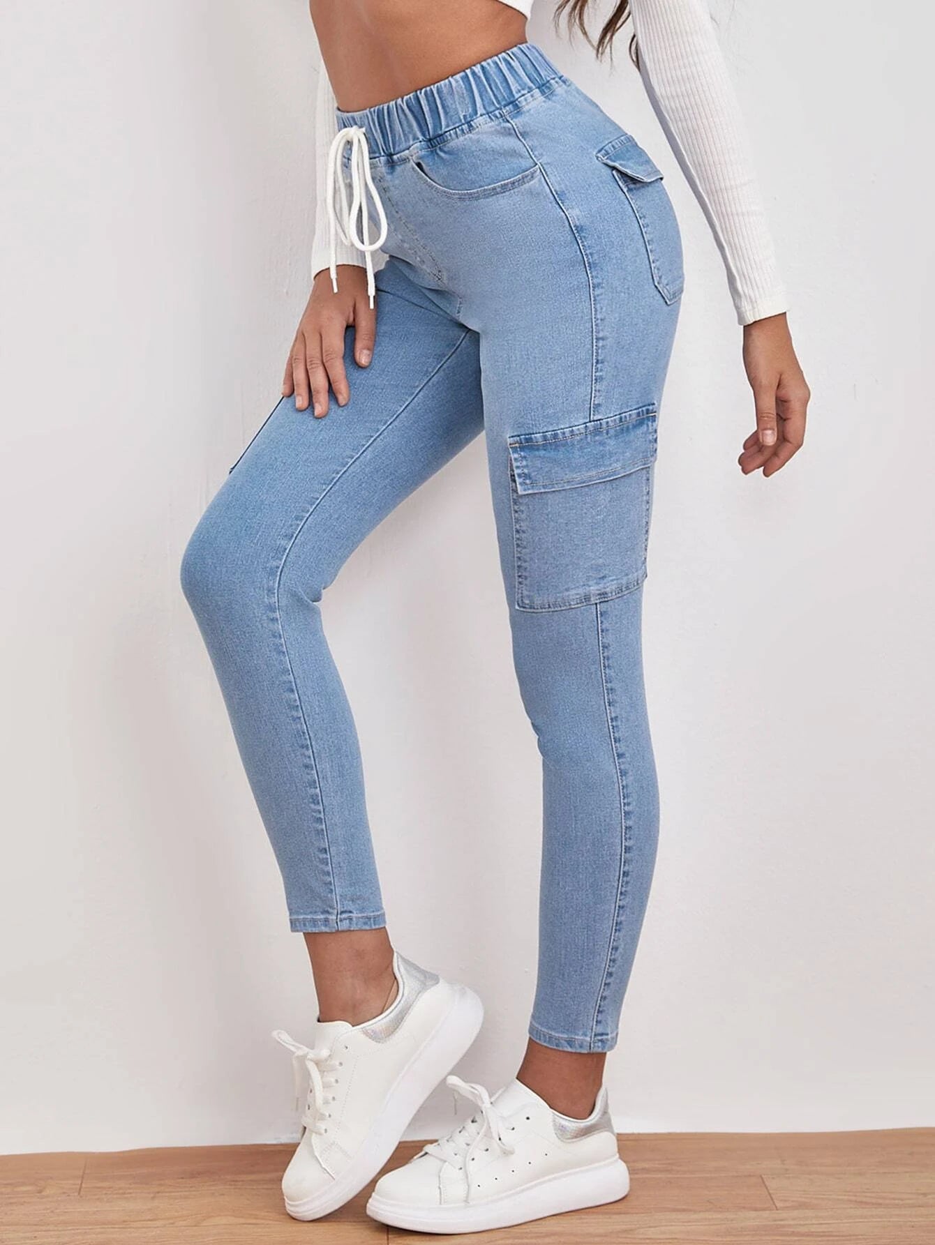 Drawstring Waist Flap Pocket Jean – styled outfit view