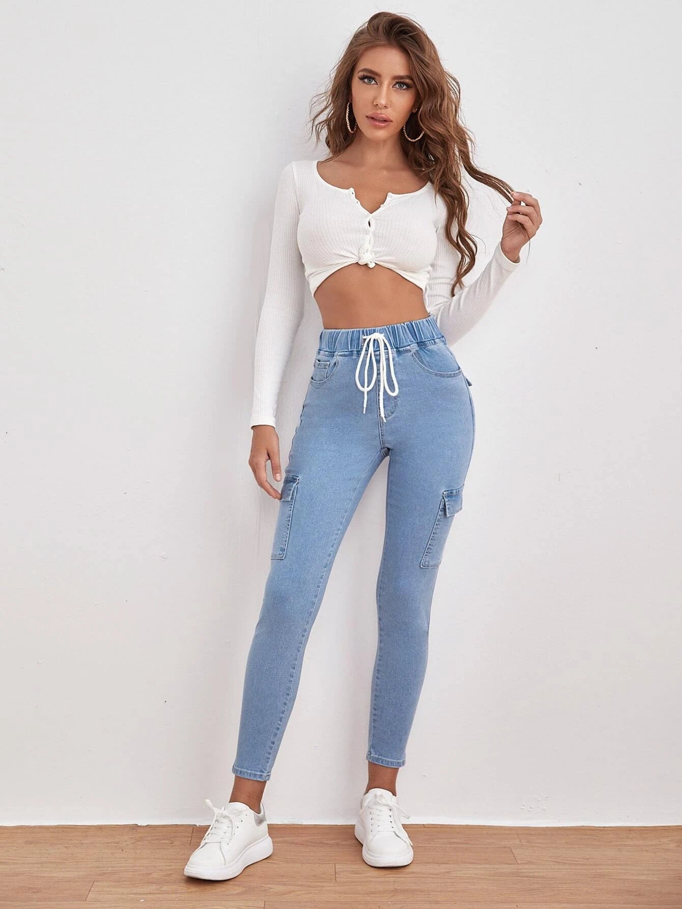 Drawstring Waist Flap Pocket Jean – side profile view