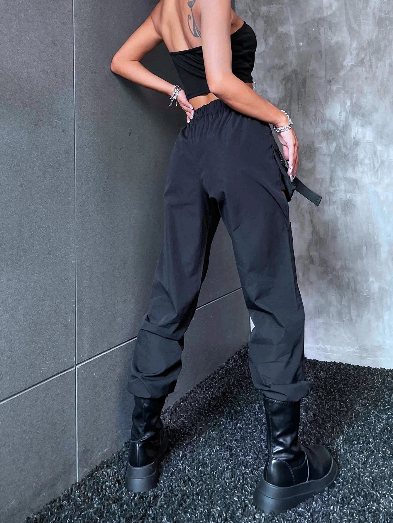 Flap Pocket Cut Out Buckled Cargo Pants – side profile view