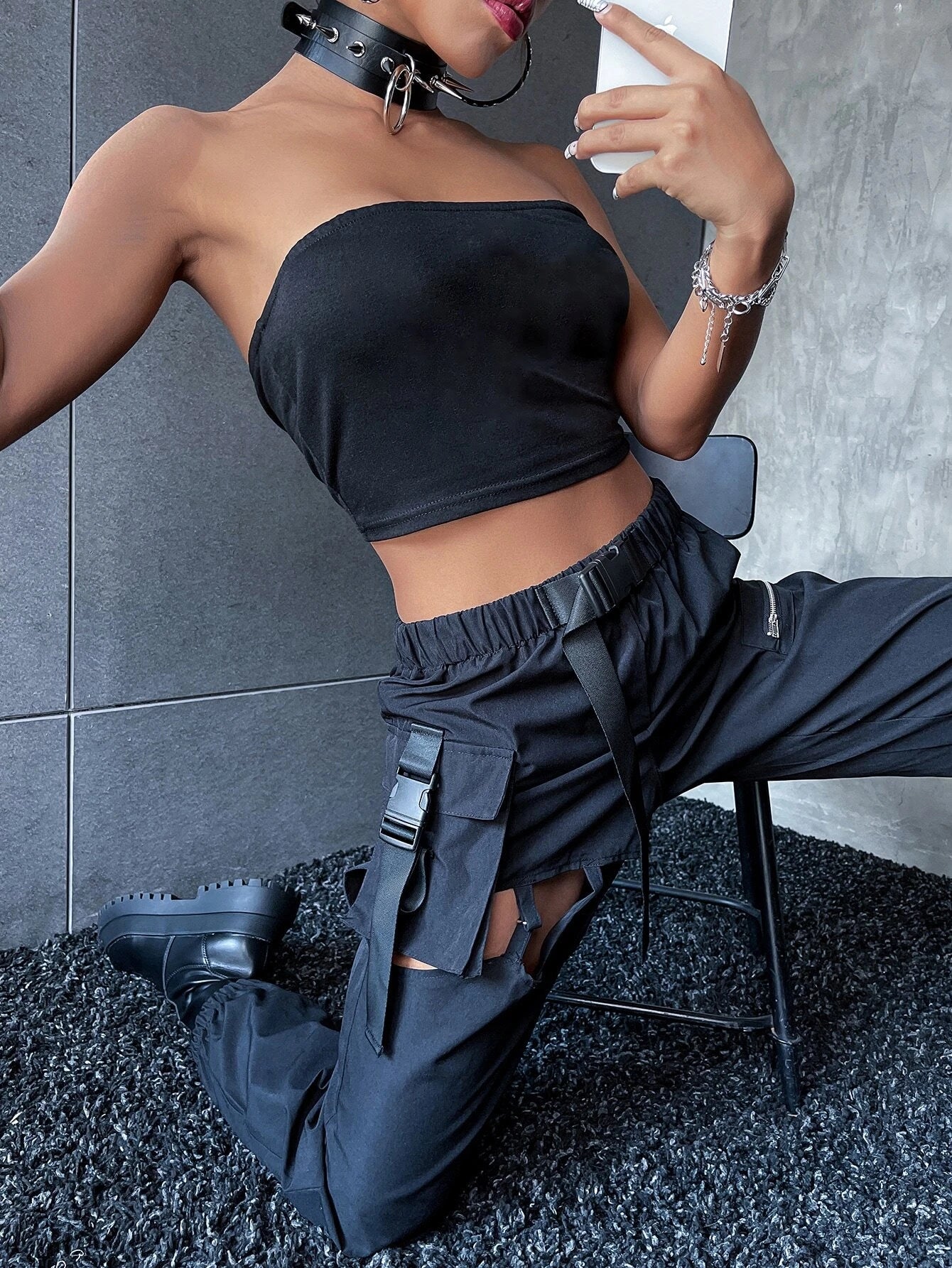 Flap Pocket Cut Out Buckled Cargo Pants – pocket detail close-up