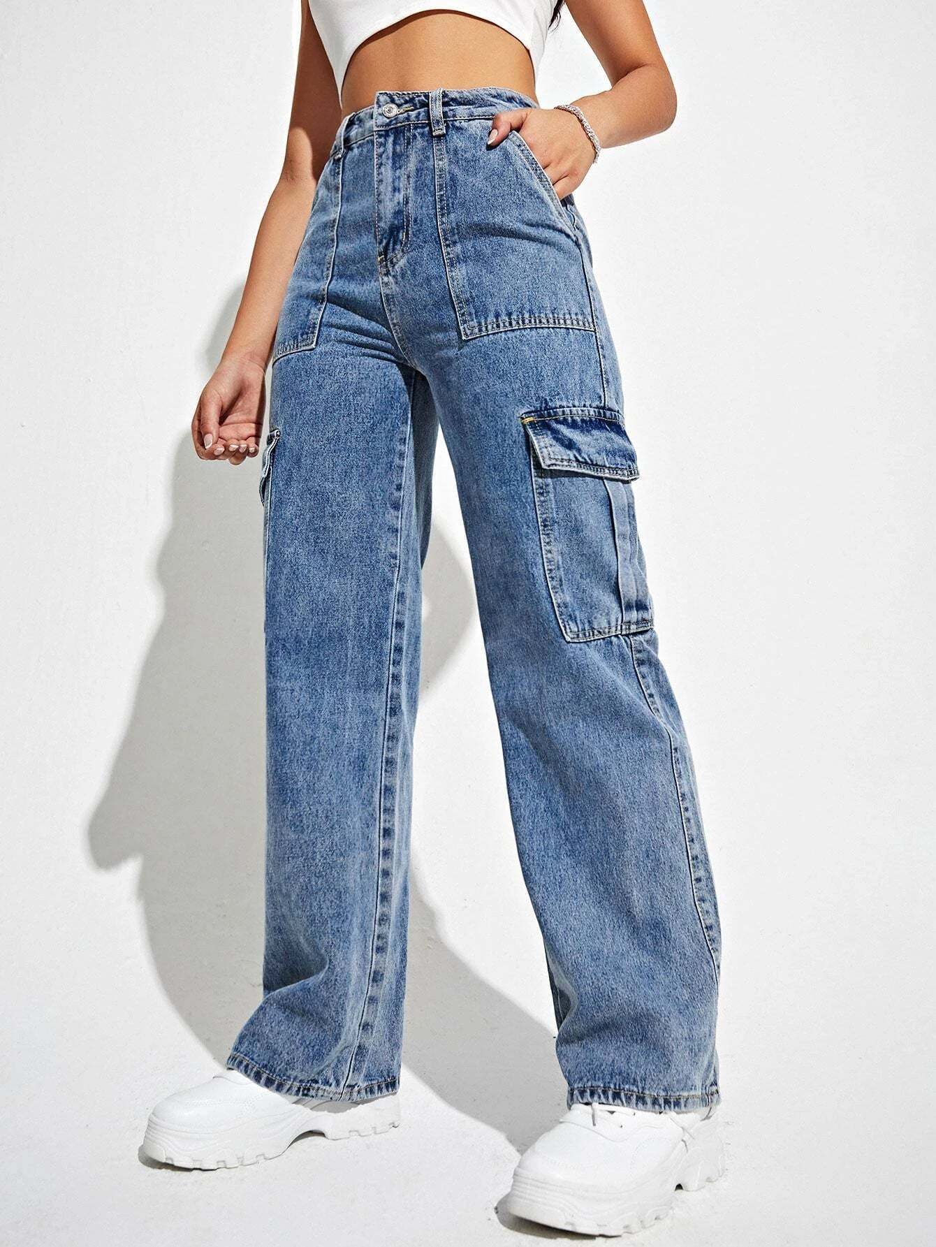 High Waisted Straight Leg Cargo Jeans