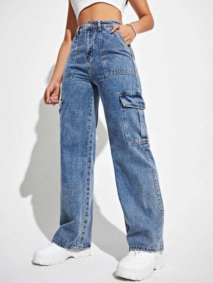 High Waisted Straight Leg Cargo Jeans