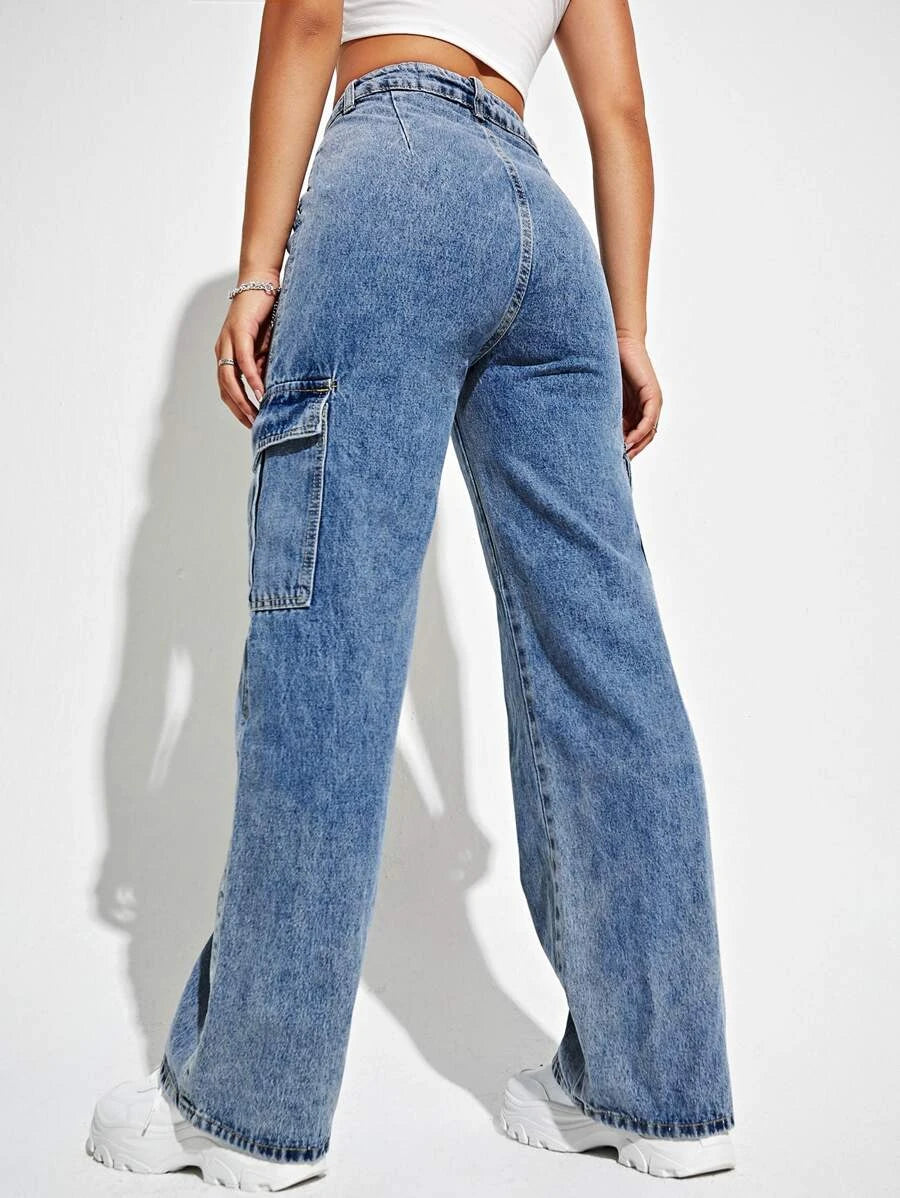 High Waisted Flap Side Pocket Cargo Jeans – model wearing view