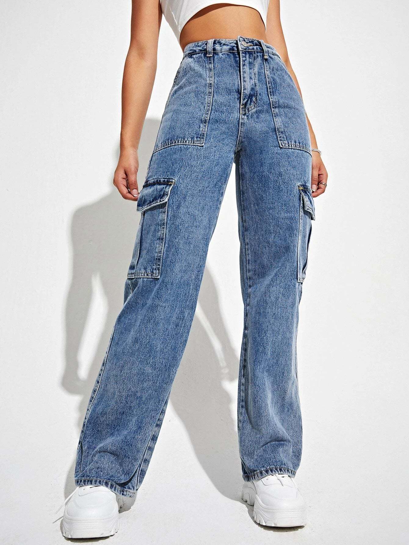 High Waisted Straight Leg Cargo Jeans