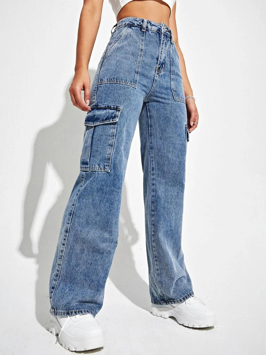 High Waisted Flap Side Pocket Cargo Jeans – full length outfit view