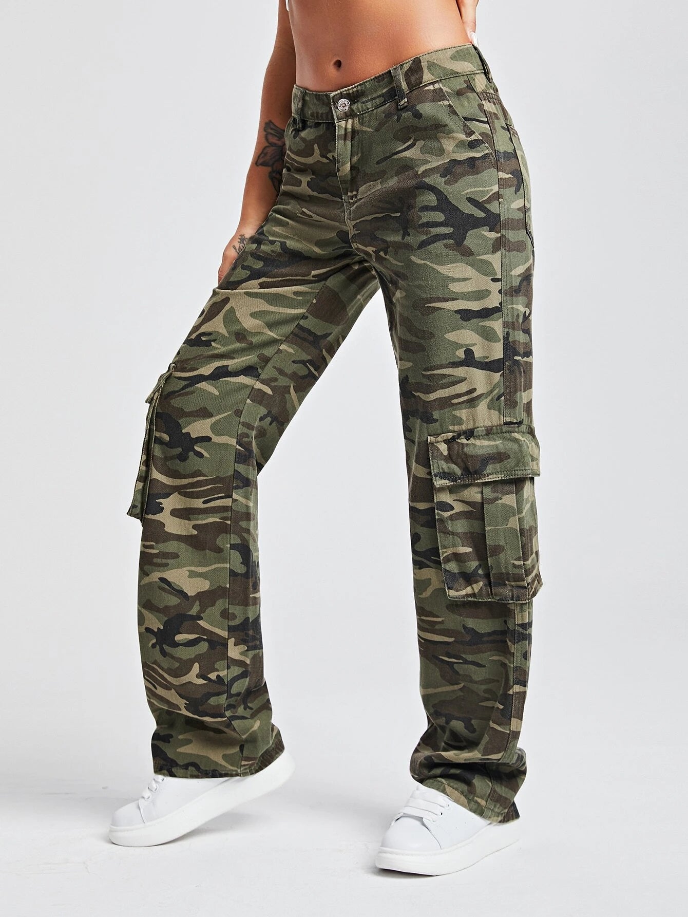 Camo Print Flap Pocket Side Cargo Jeans in Green #ns-7 – women's cargo pants front view