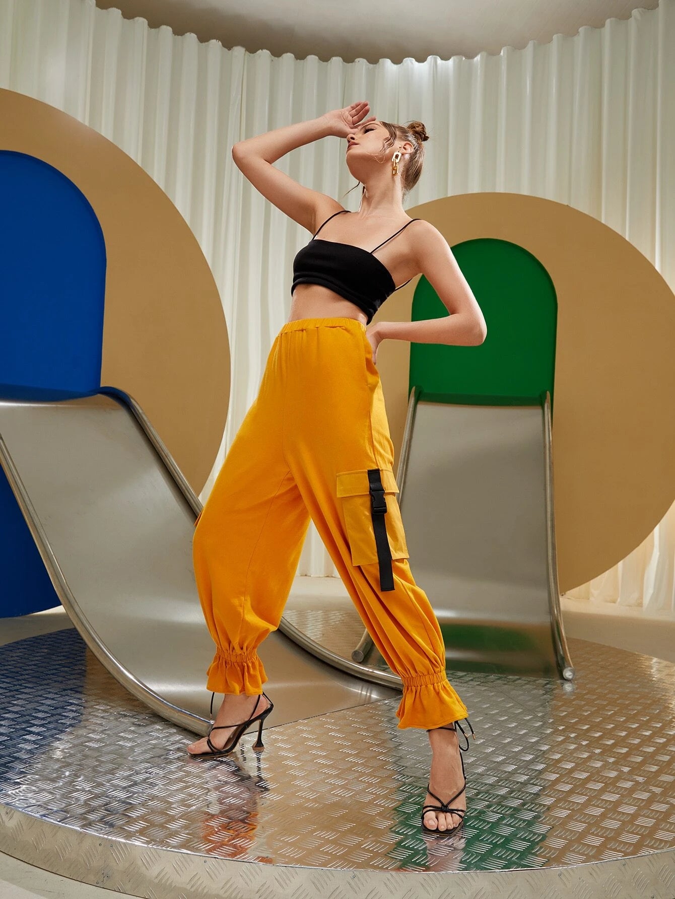 High Waist Ruffle Cargo Pants – side profile view