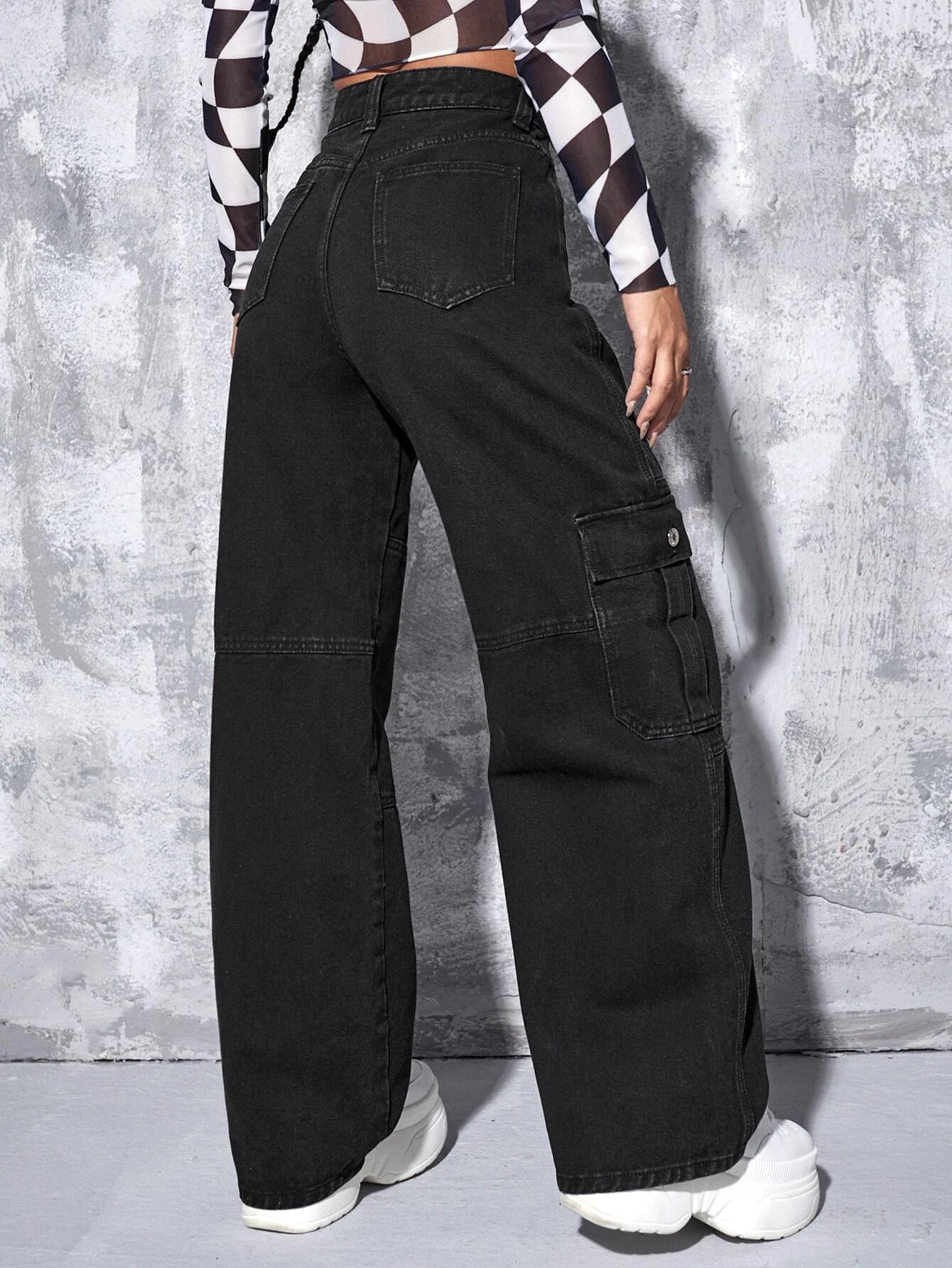 High Rise Chain Pocket Denim Cargo Pants – side profile view