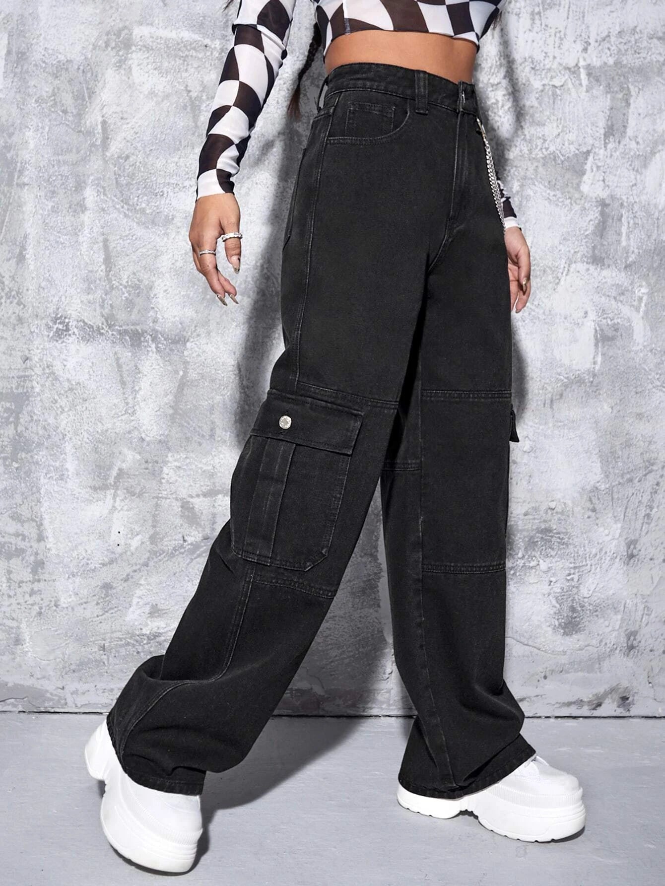 High Rise Chain Pocket Denim Cargo Pants – pocket detail close-up