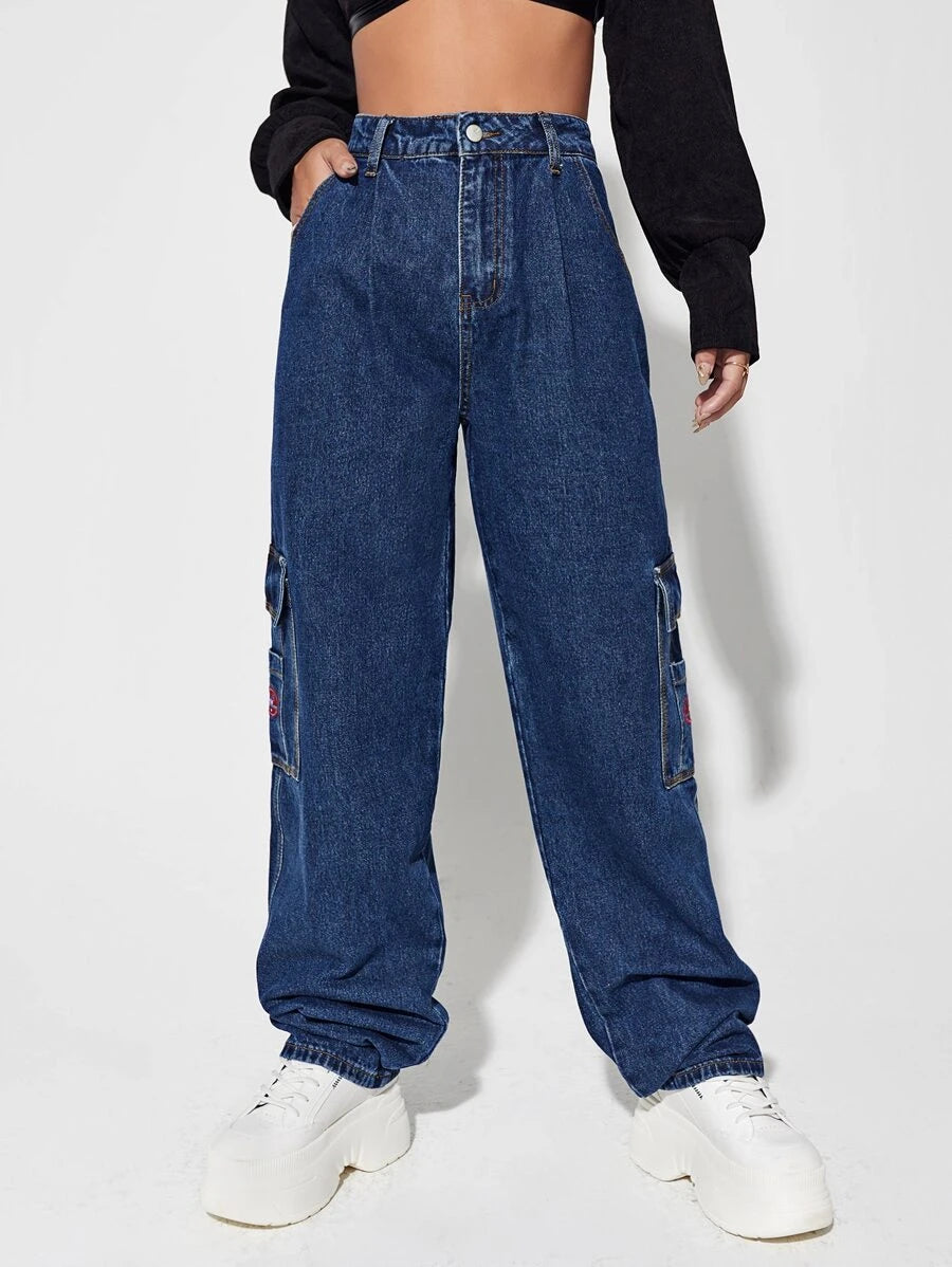 Denim High Waist Flap Pocket Wide Leg Jeans – women's cargo pants front view