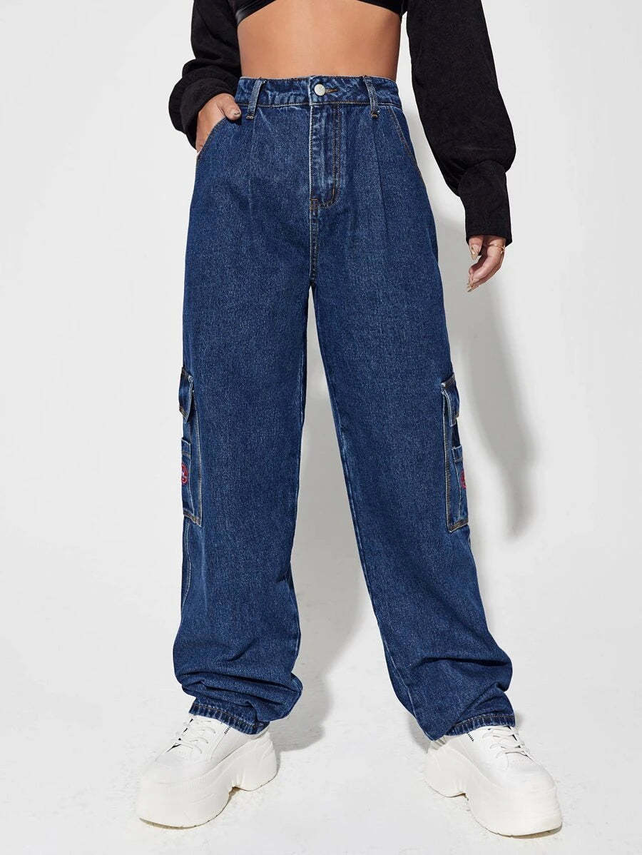 Denim High Waist Flap Pocket Wide Leg Jeans