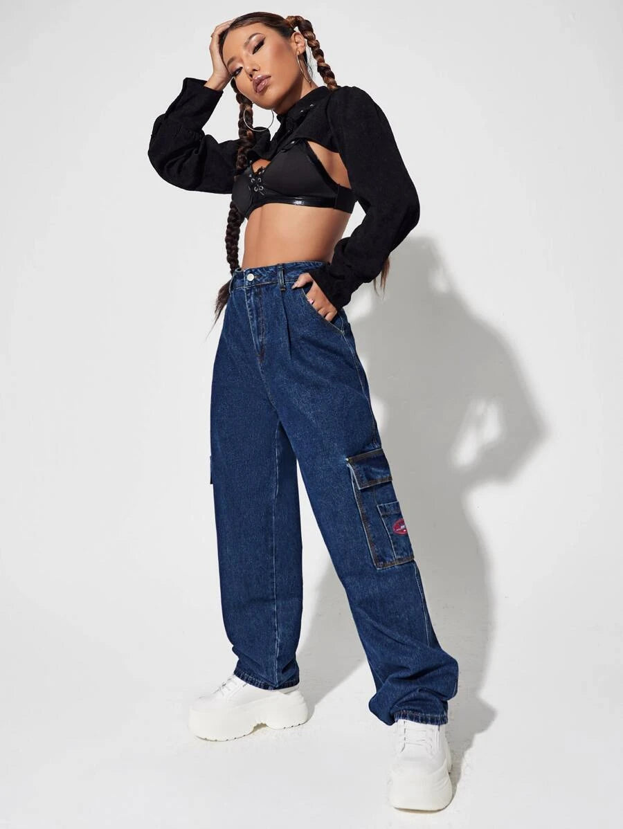 Denim High Waist Flap Pocket Wide Leg Jeans – waistband detail