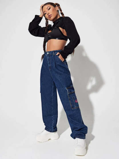 Denim High Waist Flap Pocket Wide Leg Jeans