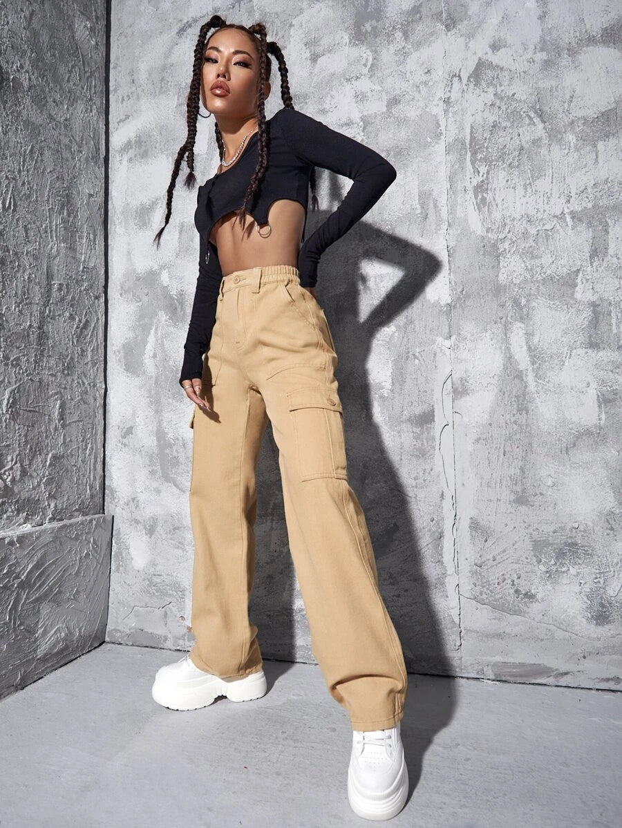 High Waist Flap Pocket Wide Leg Jeans