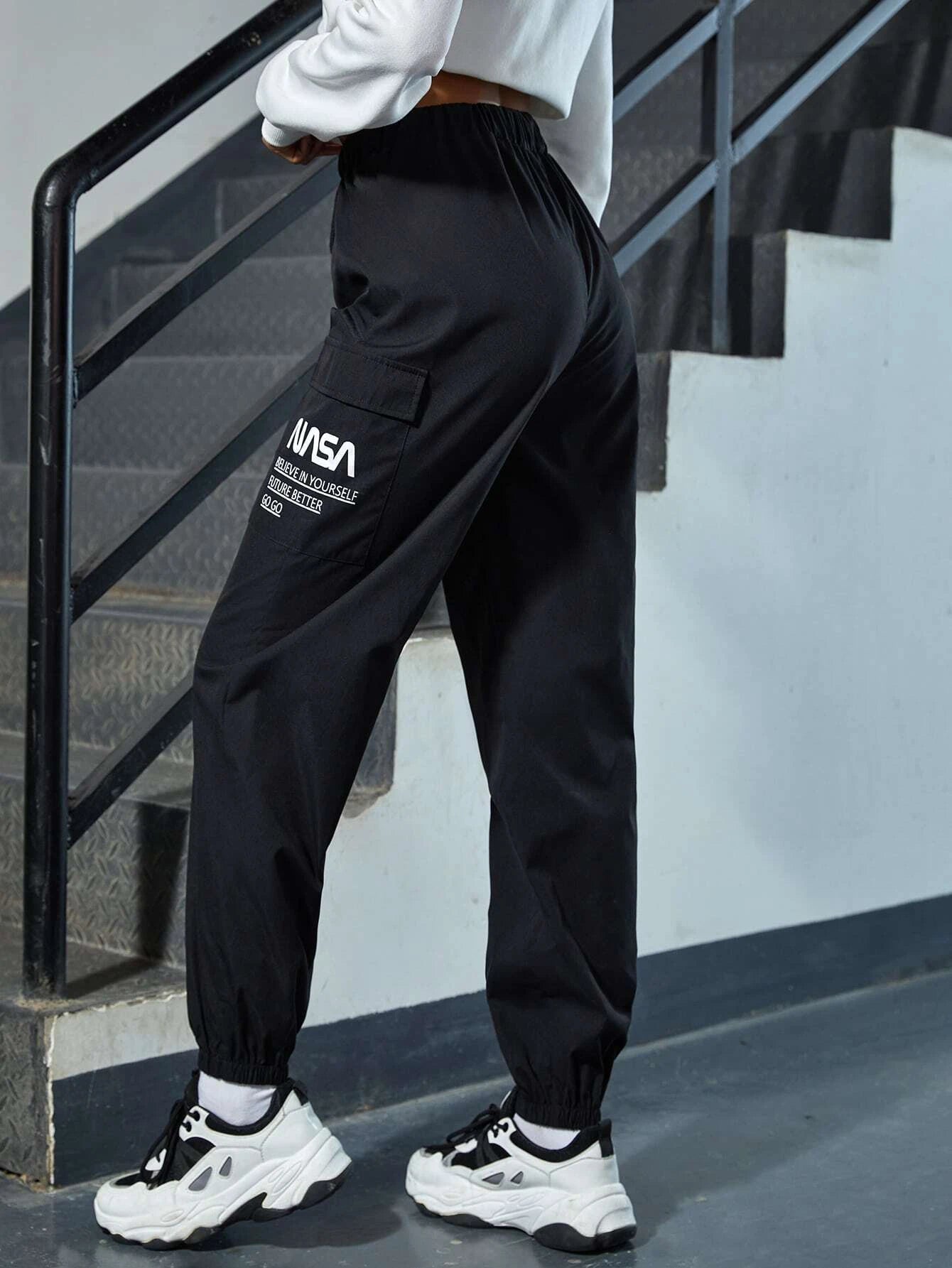 Slogan Graphic Flap Pocket Pants – side profile view