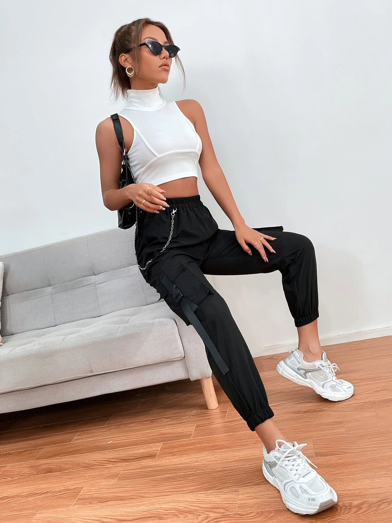 Chain Detail Flap Pocket Buckle Pants – pocket detail close-up