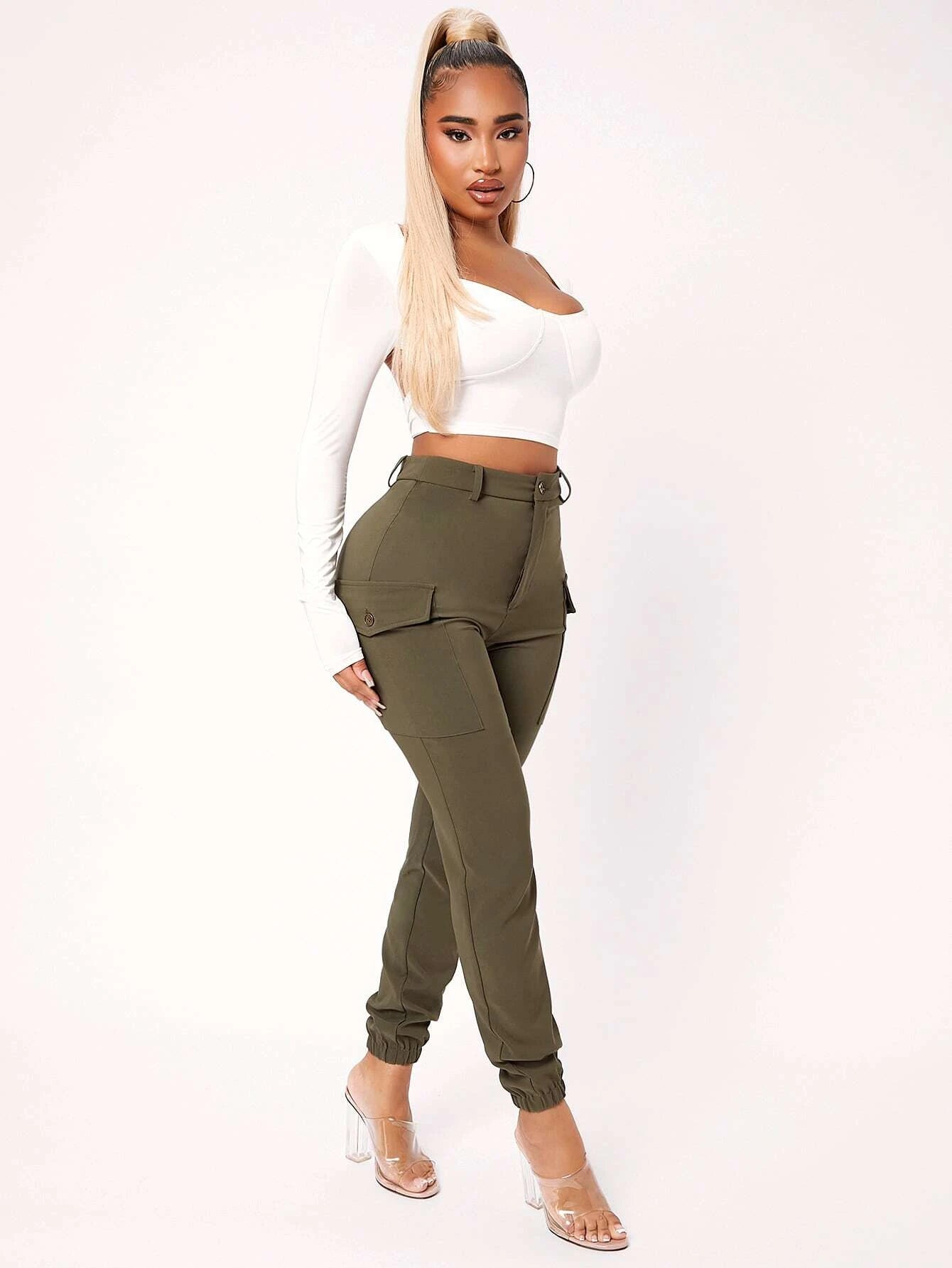 High Waist Flap Pocket Side Pants in Black – fabric detail close-up