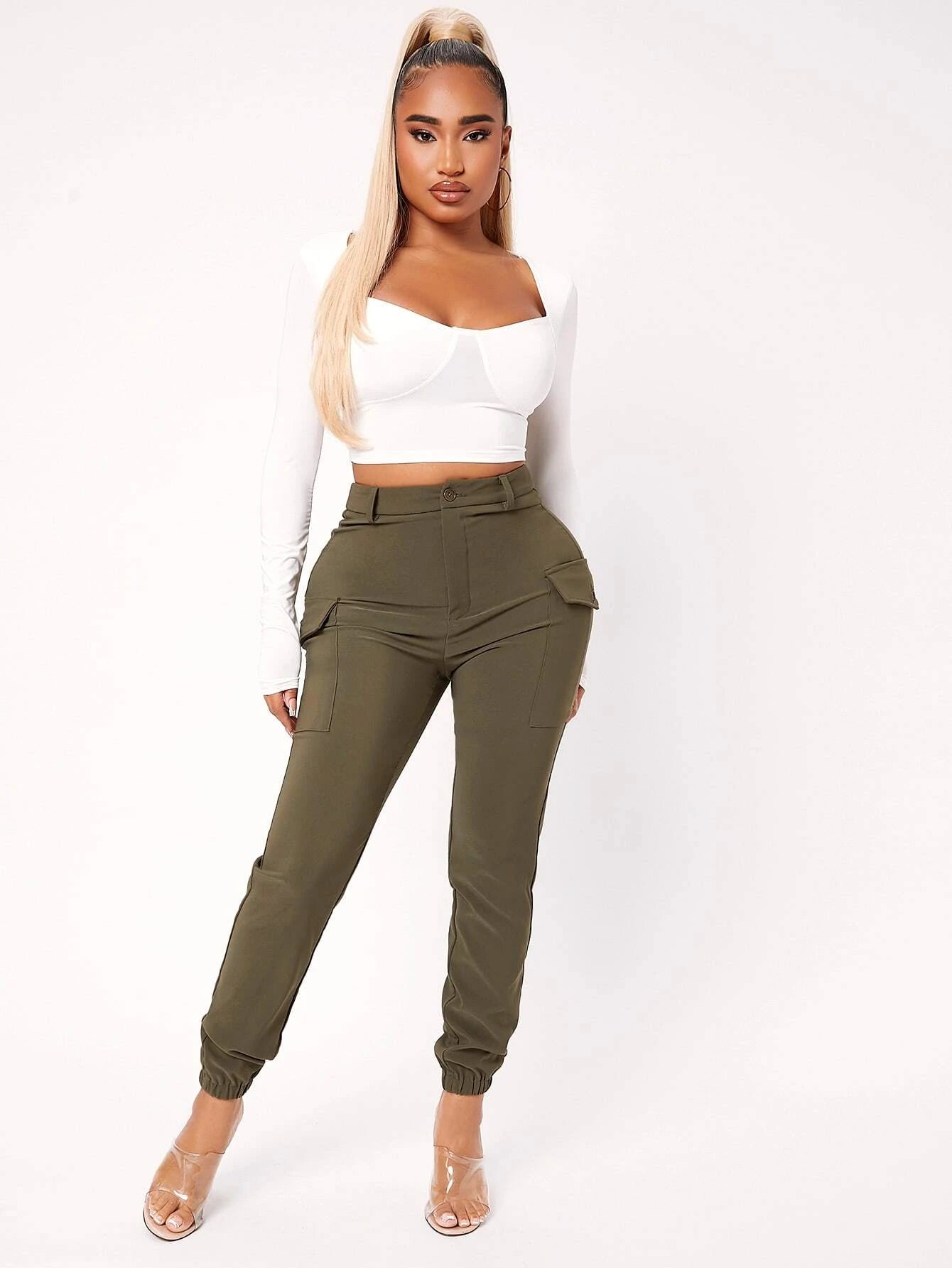 High Waist Flap Pocket Pants in Black – waistband detail